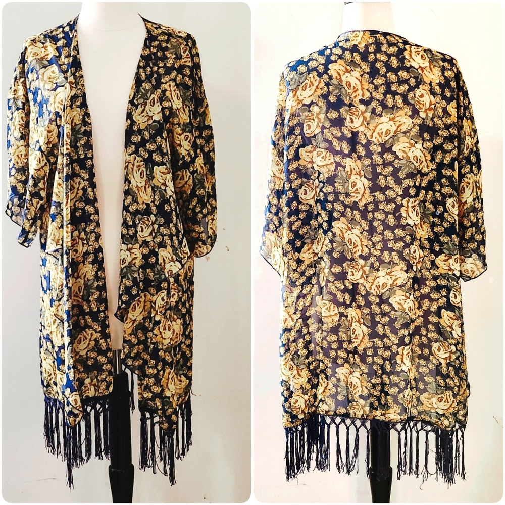 Lularoe Floral Navy and Gold /Duster/Kimono/ Swim Coverup Size Large